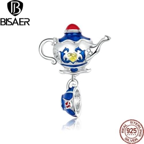 BISAER Magic Teapot Charms 925 Sterling Silver Blue CZ Bead Pendant DIY Bracelets Necklace 2020 Design Fashion Jewelry
