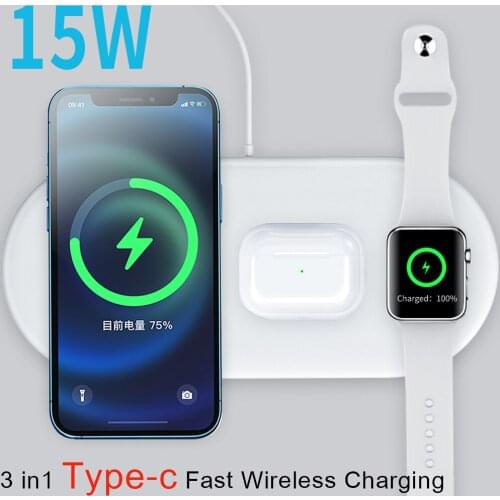 3 In 1 Portable Wireless Charger for IPhone12 11 Pro Max Type-c Fast Wireless Charging Pad for Apple Watch 6 5 4 3 2 Airpods Pro