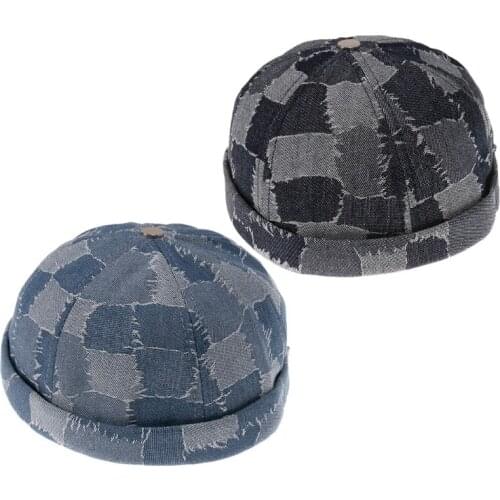 Unisex Retro Plaid Contrast Washed Denim Beanie Cap Distressed Rolled Cuff Brimless Hip Hop Docker Sailor Skull Hat
