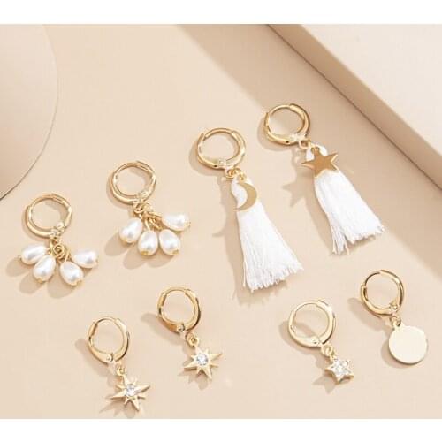 Fashion Moon and Star Hoop Earrings For Women Gold Color Piercing Earring Jewellery Pearl Tassel Crystal Earrings Party Jewelry