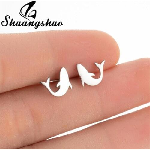 Shuangshuo Tiny Stainless Steel Shark Stud Earrings Lovely Animal Jewelry for Women Cartoon Whale Fish Ear Piercing Earring Gift