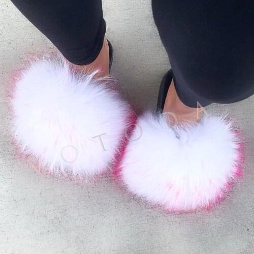 Women Real Fox Fur Slippers Woman Fluffy Raccoon Fur Slides Female Furrry Indoor Flip Flop Women Flat Fur Slides Slip On Shoes
