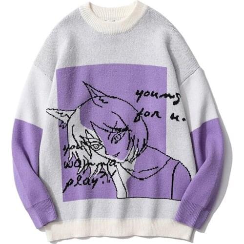 Hip Hop Harajuku Knitted Sweater Men Japanese Anime Print Pullover Cotton Casual Loose Sweaters Streetwear Unisex Autumn Winter