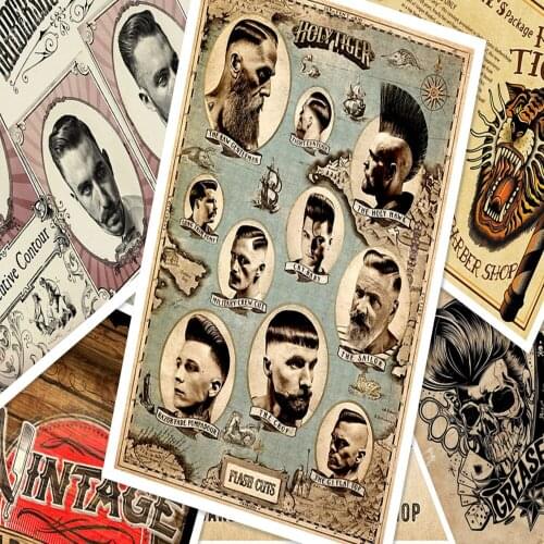 Vintage Hairdresser Tattoos Patterned Posters Kraft paper Interior Painting Restoring Wall Sticker Barber shop Home Decoration