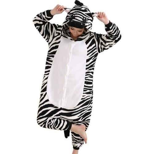 Adult Unisex Women Onesie Kingurumi Winter Warm Flannel Pajamas Onesies Zebra Sleepwear Hooded Jumpsuits Animal Pattern Costume