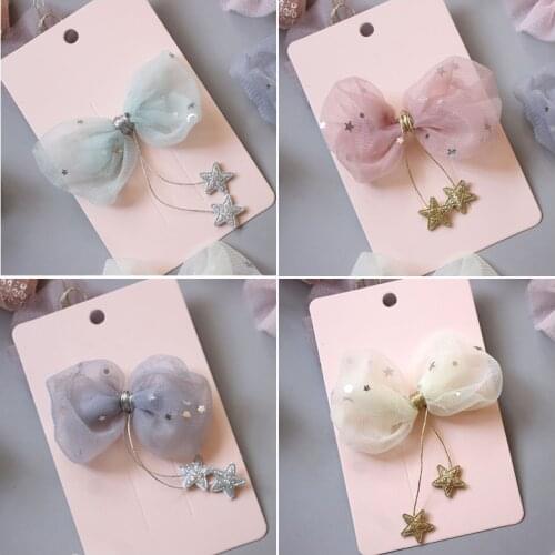 South Korea New Childrens Hair Accessories Star Yarn Hanging Little Star Tassel Bow Hair Clip Girls Headdress Pink