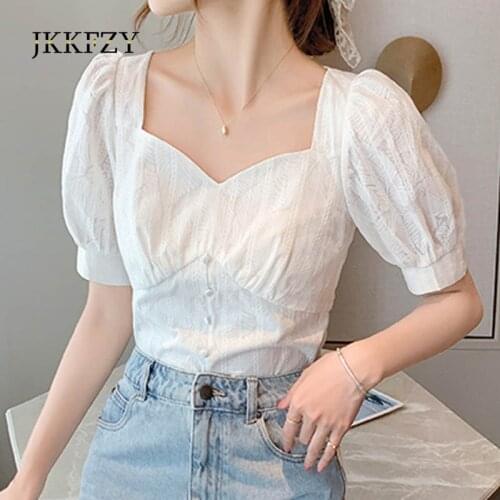 Square Collar Top Womens Summer Retro Palace Style Puff Sleeve Shirts Ladies Short Chiffon Blouses White