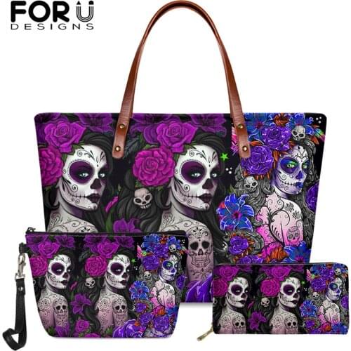 FORUDESIGNS Day of the Dead Skull with Floral Print Tote Bags Large Capacity Shoulder Bag PU Leather Purse Ladies Daily Handbags