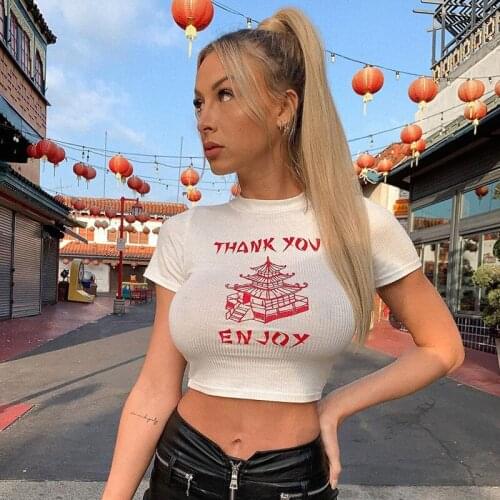 Fashion knitted Chinese style Print Skinny Crop Top 2020 Summer Women O Neck Short Sleeve Slim T shirt Female Streetwear
