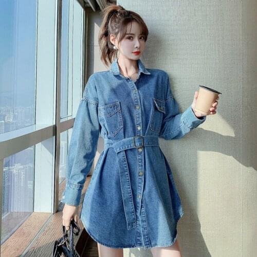 2021 Spring Autumn New Style Women Korean Loose BF Wild Single-breasted Turndown Collar Lace-up Short Denim Shirt Dress Y674