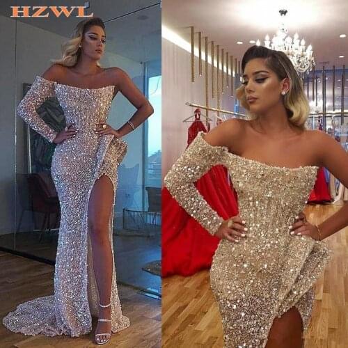 Vestido de fiesta Aso Ebi Arabic Gold Reflective Prom Dresses Mermaid High Split Evening Dresses Sequined Formal Party Dress