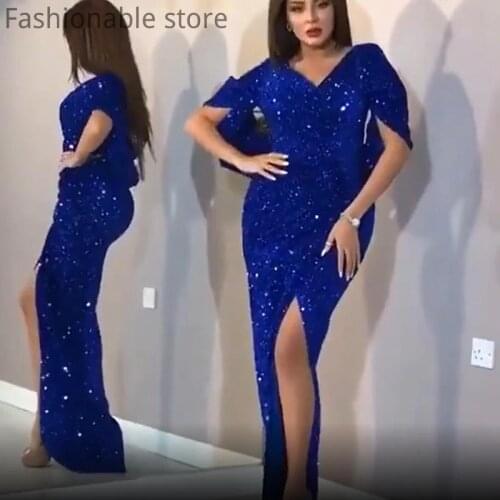 2021 Spring Women Sexy Deep V Neck Pleated Bodycon Sequined Party Dress