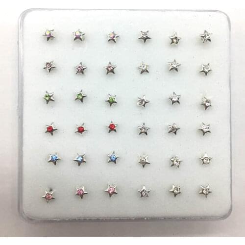 36pcs/set star sun nose studs pin Guarantee 925 sterling silver indian crystal nariz ring piercing body jewelry for women girls