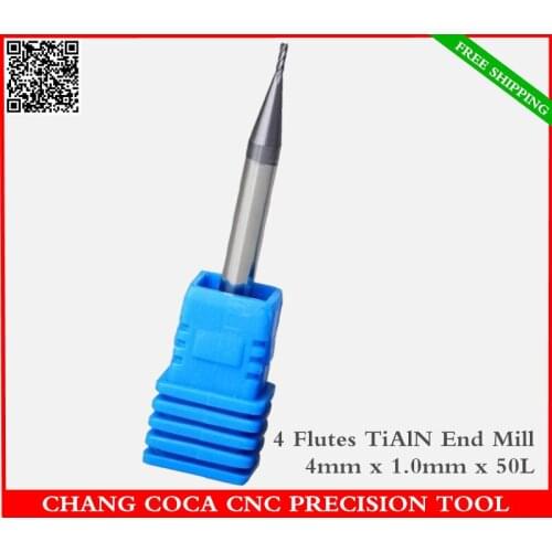 4mm*1.0mm*50mm,Freeshipping,CNC solid carbide end mill,TiAlN coated end milling cutter,HRC 50 Degrees,4 Flutes milling cutter