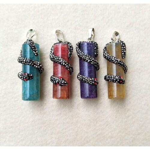 4pcs Natural stone Serpentine Pillar Druzy Pendant, Pave Rhinestone Crystal Snake Wrapped Charms Jewelry necklace making PD329
