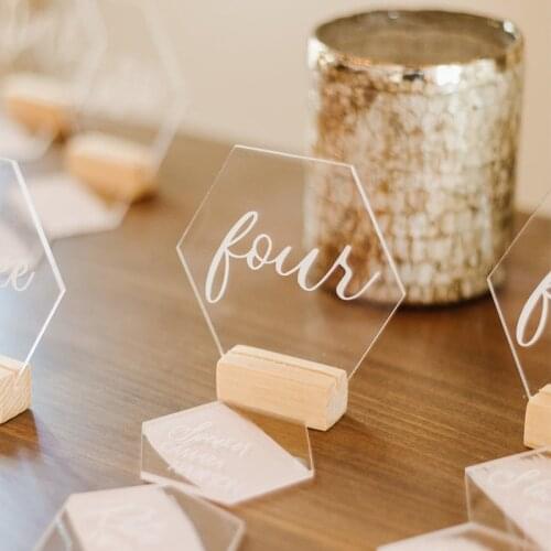 Wedding Acrylic Hexagon Script Table Numbers Wooden Stand Natural Classic Event Decor Centerpiece Place Card