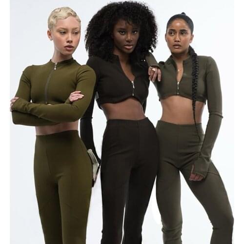 XLLAIS Thick Material Fitness Pants 2 Sets Women Sexy Tight Bodycon Army Green Tank Tops Zippers Coats Skinny Pencil Trouser