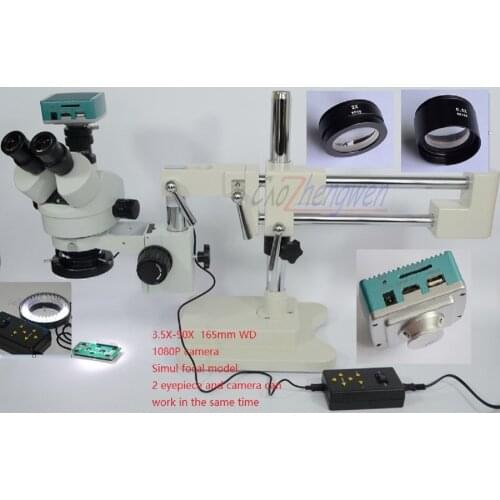 FYSCOPE 3.5X-90X! Double Boom Stand Stereo Zoom trinocular Simul Focal Microscope+ 1080P 30fps HDMI Camera+144pcs 4 Zone