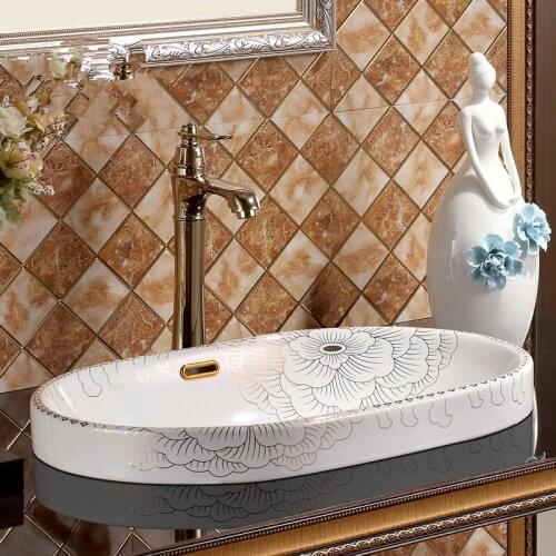 Handmade Artistic Rectangular Semi-Counter Washnasin With Overflow Ceramic Bathroom Sink Semi-Counter Sink handmade sink bowls