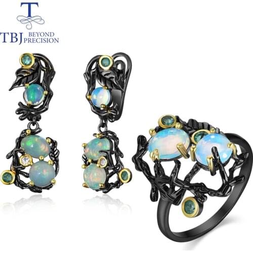 TBJ, Natural gemstone multi-color opal Jewelry Set 925 sterling silver ring and earring fine jewelry Vintage "tree" design 2020