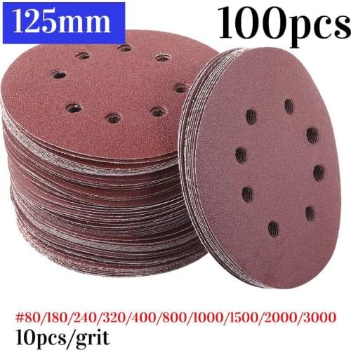100pcs 125mm Round Shape Sanding Discs Hook Loop Sanding Paper Buffing Sheet Sand paper 8 Hole Sandpaper Polishing Pad