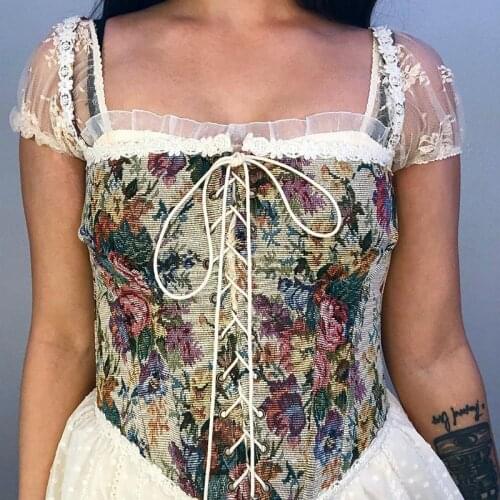 Western Style Summer Retro Crop Top Broken Flowers Slim Slimming Lace Corset Womens Tube Top Camisole Vintage Cloth Bandage