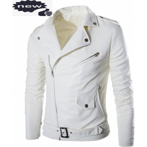 Fashion Motor Biker PU Leather Jacket Men Buckle Zip Lapel Collar British Jaqueta Motoqueiro Black White Punk Rock Outwear Coats