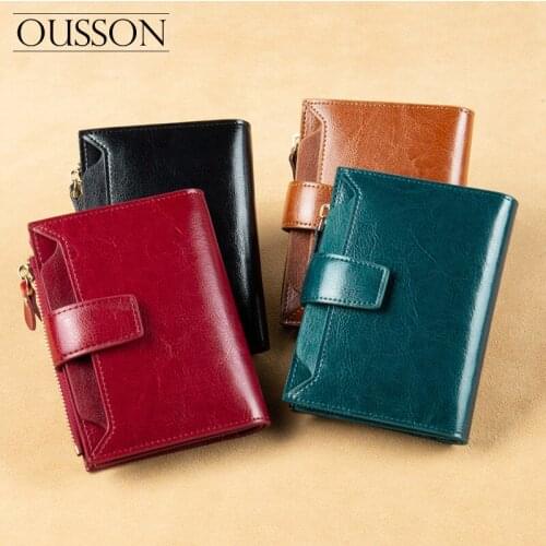 OUSSON Fashion casual light hand wallet multifunctional oil wax leather zipper multi-layer card pocket coin purse