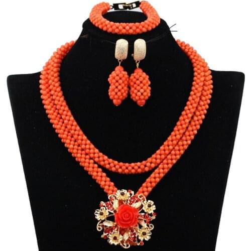 Latest Orange Coral Nigerian Beads Jewery Set African Coral Gold Jewelry Set High Quality Necklace Set Free Shipping QW041