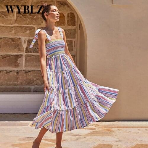 WYBLZ 2021 New Summer Womens Midi Dress Striped Print Elegant Strap Dress Sexy Slim Sleeveless Camisole Dresses for Women