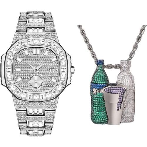 Hip Hop Bling Iced Out Sprite Bottle Cup Necklaces & Watch Set Crystal Zircon Shiny Wine Bottle Necklace For Men Rapper Jewelry