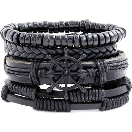 Punk Fashion Man Black Leather Bracelet Set Multilayer Rudder Charm Beads Wrap Bangle Vintage Woman Wristbands Rock Jewelry Gift