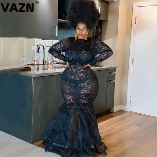 VAZN 2020 Hot Plus Size High-end Black Sexy Club Elegant Turtleneck Full Sleeve High Waist Women Thin Mermaid Maxi Dress