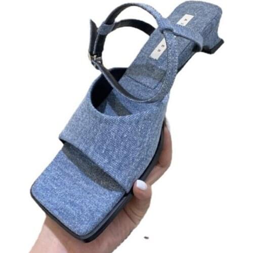 Sandals 2021 New Korean Womens Shoes Summer Mid Heel Retro Denim Square High Heel Fairy Sandals For Women sandales femmes