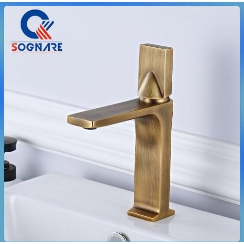 Deck Mount Bathroom Basin Faucet Antique Brass Single Handle Cold and Hot Water Tap Bathroom Sink Faucet Wash Mixer Taps Modern