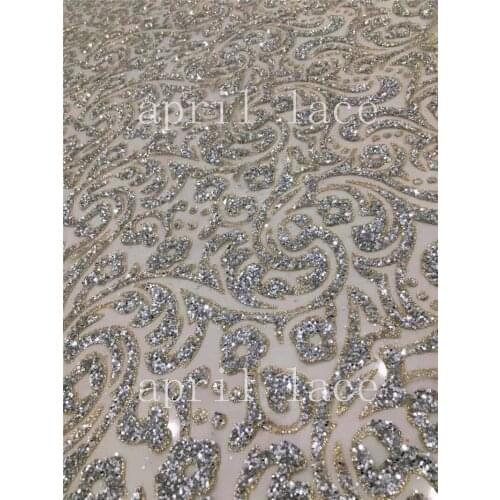 Stock 5yards luxury th018 # silver flower hand print glitter mesh tulle lace fabric for occasion/ sawing wedding dress
