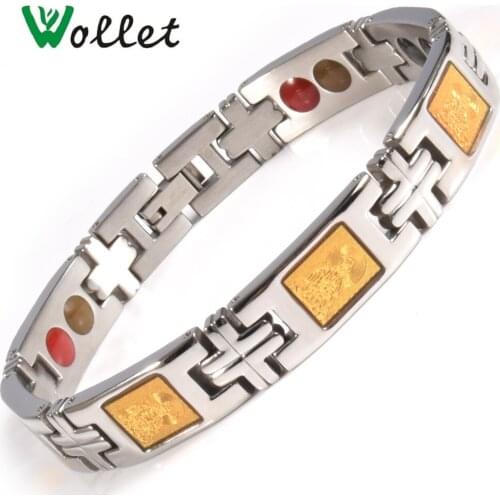 Wollet Jewelry Magnetic Stainless Steel Bracelet Bangle for Men Women Therapy Gold Foil Infrared Hematite Magnetic Germanium