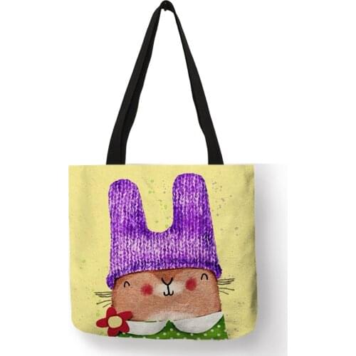 Cartoon Design Women Tote Bag Funny Cute Bear Dog Painting Shoulder Bag Linen Eco-friendly Girls Shopping Work Handbag