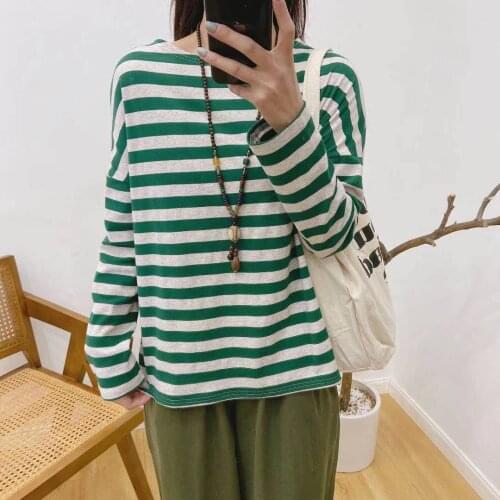 Johnature New Casual Striped Woman T-Shirts 2021 Spring Simple All Match Loose O-neck Female Tops