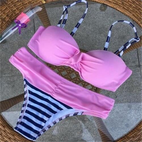 2020 Sexy Bandage Bikini Set Striped Patchwork Swimsuit Women Brazilian Swimwear Female Halter Top Bathing Suit Swimming Wear