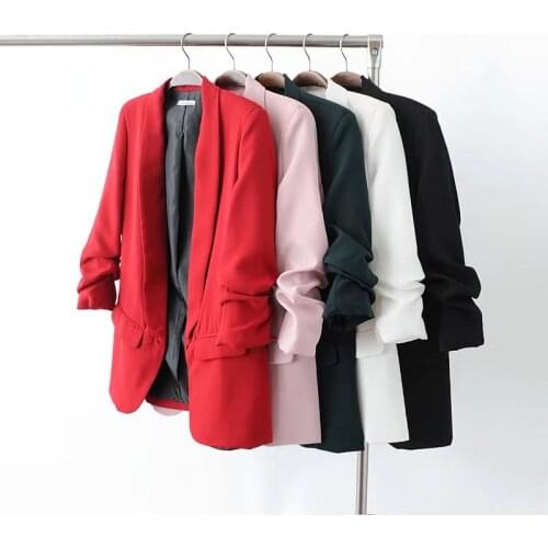 Womens elegant white black green suit jacket wrinkle OL workplace roll sleeve jacket corner pocket office casual shirt