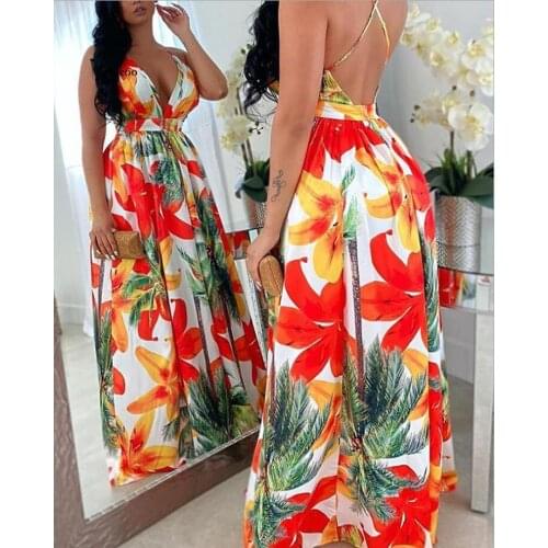 Women V Neck Split Dress Floral Print Long Summer Spaghetti Strap Party Pink Chiffon Elegant Casual Maxi Dresses Beach