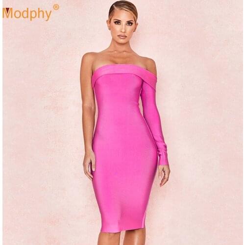 2020 New Autumn Ladies Bandage Dress Sexy Rose Red Long Sleeve One Shoulder Bodycon Dress Club Evening Party Dress Ves