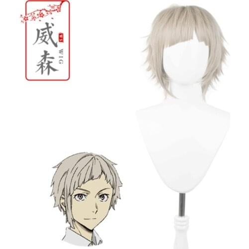 35cm Anime Bungo Stray Dogs Cosplay Nakajima Atsushi Wig Role Playing Wigs Halloween Cosplay Short Silver Gray Hair Wig Cap
