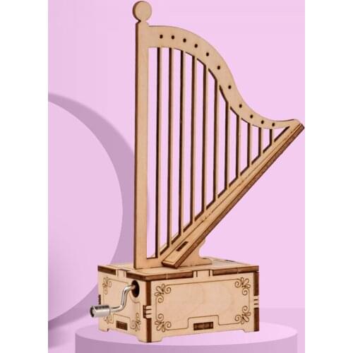 3D Retro Wooden Puzzle Hand Crank Shape Harp Wooden Music Box