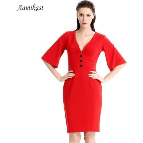 Aamikast Summer Dress New Fashion 2019 Plus Size Elegant V-neck Flare Sleeve Button Sexy Vintage Party Evening Women Dresses