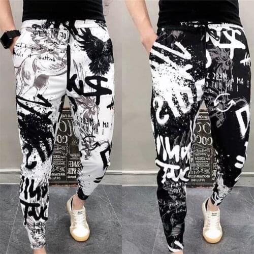 Fashion Streetwear Men Printed Pants Elastic Waist Skinny Trousers Male Trendy Youth Slim Pants Street Style 2021 Pantalons