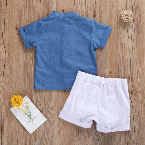 2020 1-6Years 2 Pieces Kids Suit Set, Solid Color Stand Collar Short Sleeve Shirt and Shorts for Boys, Blue White