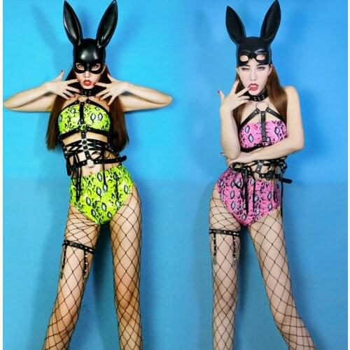 Fluorescent Leather Strap Sets Pole Dance Clothing Gogo Dance Costume Women Nightclub DJ Rave Clothes Festival Outfits SL5436