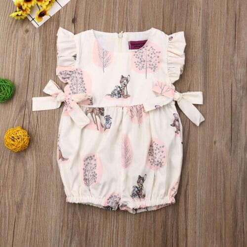 Newborn Toddler Infant Baby Girls Romper Summer Sleeveless Deer Print Bowknot Jumpsuit Romper Clothing Outfits Sunsuit 0-24M
